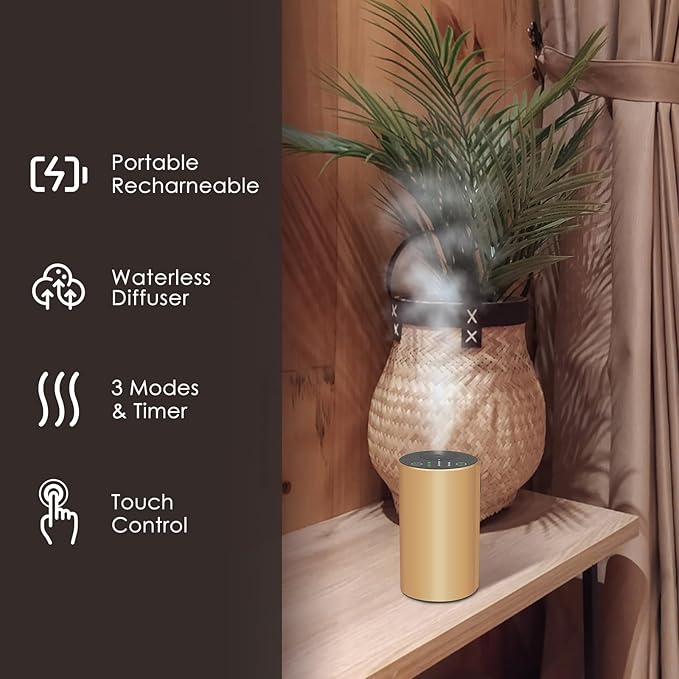 Waterless Essential Oil Diffuser, 7 Colors LED Light, Battery Powered Mini Scent Air Machine, Aromatherapy Mist Diffuser for Home Room Car Office (Gold)