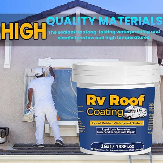 1Gal/133Fl.oz Liquid Rubber Rv Roof Coating White Waterproof Sealant Camper Roof Repair Solar Reflective Wooden Brush Putty Knife Nitrile Gloves Paint Roller Drywall Repair Tape