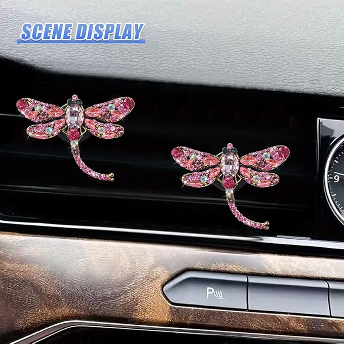 2PCS Bling Dragonfly Car Air Vent Clips, Crystal Rhinestone Car Air Conditioning Outlet Clip, Universal Cute Vehicle Interior Diffuser Decoration Accessories for Women (Pink)