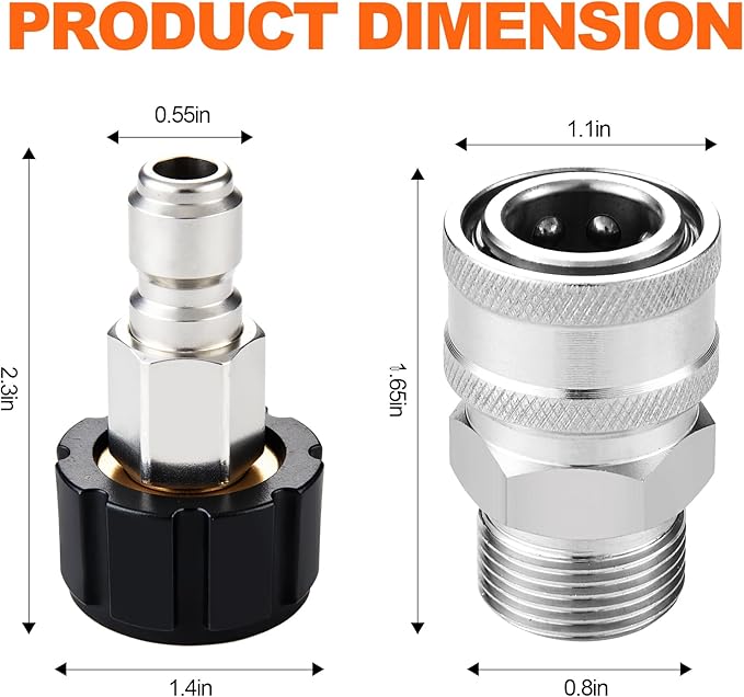 2 PCS Pressure Washer Quick Connect Adapter Set, M22 14mm(5.5in) Swivel to 3/8in Quick Connect Socket & Plug, Max Pressure 5000PSI