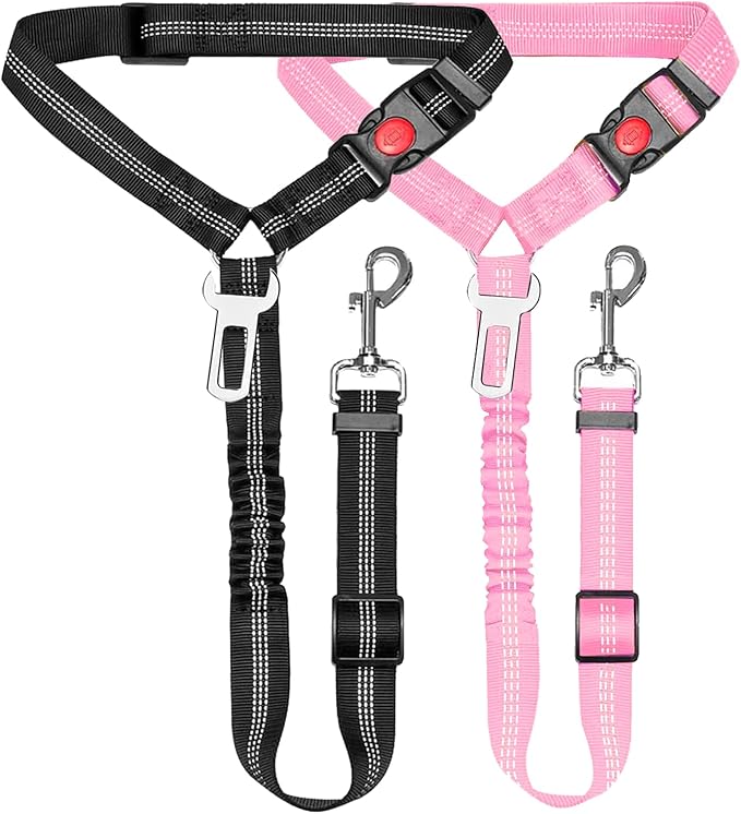 Removable Dog Seat Belt Harness for Car, 3 in 1 Pet Car Seatbelt Leash, Retractable Restraint Secures to Vehicle Headrest & Adjustable Reflective Dog Seatbelt Tether (Pink&Black, 2pcs)