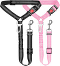 Removable Dog Seat Belt Harness for Car, 3 in 1 Pet Car Seatbelt Leash, Retractable Restraint Secures to Vehicle Headrest & Adjustable Reflective Dog Seatbelt Tether (Pink&Black, 2pcs)