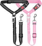 Removable Dog Seat Belt Harness for Car, 3 in 1 Pet Car Seatbelt Leash, Retractable Restraint Secures to Vehicle Headrest & Adjustable Reflective Dog Seatbelt Tether (Pink&Black, 2pcs)