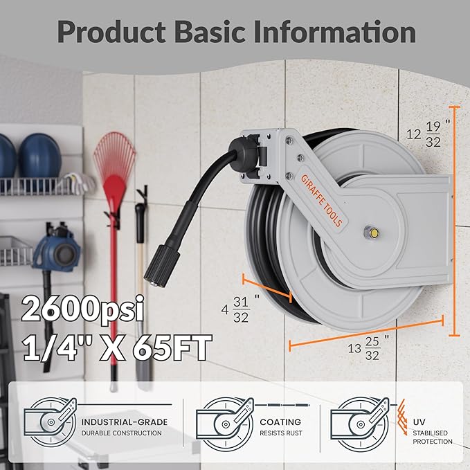 Giraffe Tools Pressure Washer Hose Reel 65ft, Power Washer Hose Reel, Pressure Washer Retractable Hose Reel, Heavy Duty, Wall/Floor Mounted, 2600 PSI