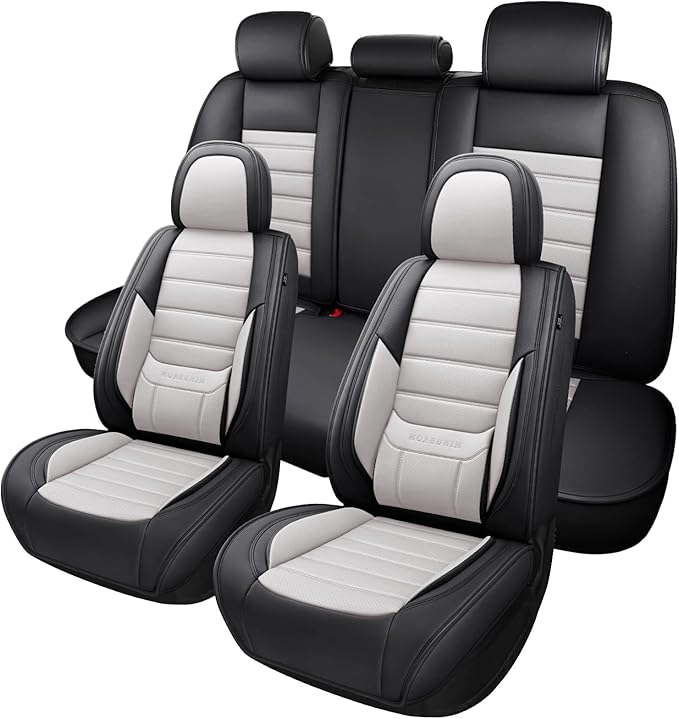 Car Seat Covers Full Set,Black White Car Seat Cover, Car Seat Protector Waterproof, Nappa Leather Car Seat Cushion, Fit for Most Cars