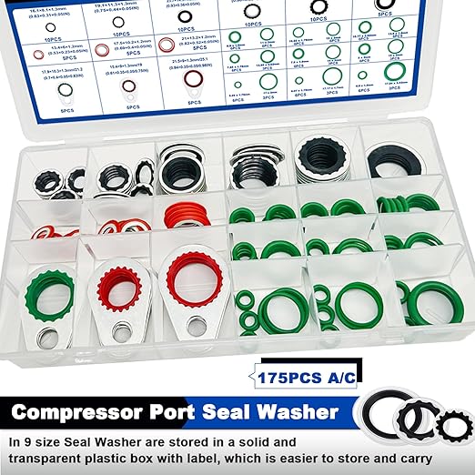 175 PCS A/C Compressor System Seal Washers Kit, 12 Size Air Conditioning Gasket and 18 Size Car AC O Rings, Universal Vehicle Repairs Automotive Self-Centered Washer