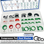 175 PCS A/C Compressor System Seal Washers Kit, 12 Size Air Conditioning Gasket and 18 Size Car AC O Rings, Universal Vehicle Repairs Automotive Self-Centered Washer