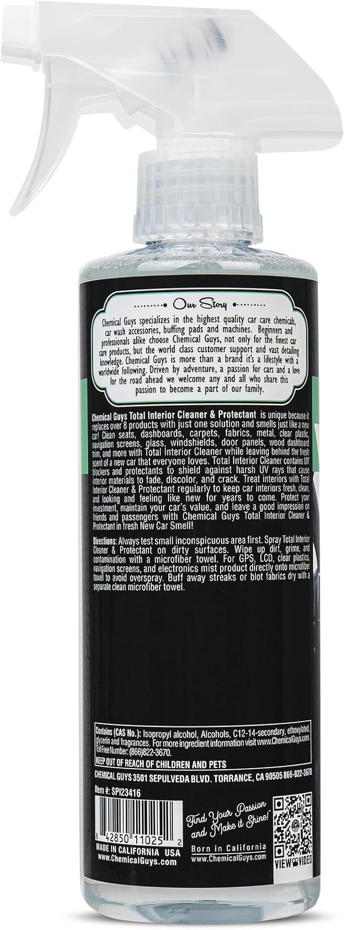 Chemical Guys Total Interior Cleaner & Protectant - New Car Scent, Car Cleaning Spray, Cleans and Protects Leather, Vinyl, Plastic, Rubber, and Glass, Safe for Trucks, SUVs, Jeeps, RVs & More - 16 oz