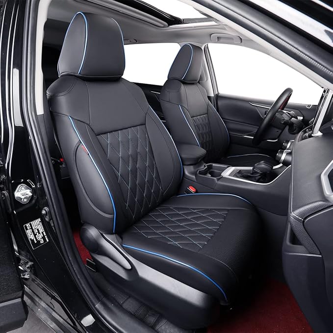 EKR Rav4 Seat Covers Custom Fit for Toyota Rav4 (Only Hybrid) 2019-2025 LE,XLE,XLE Premium,Limited,Woodland Edition, Leather Car Seat Cover Full Set for SUV,Faux Leather(Black with Blue Piping)