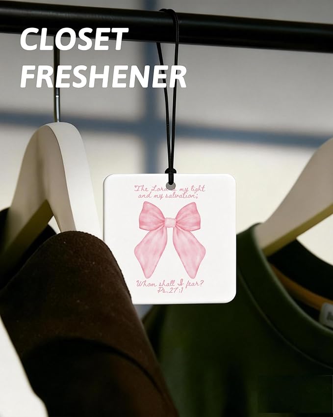 Pink Christian Car Air Freshener 4 Pcs, Coquette Pink Bow Bible Verse Religious Hanging Air Freshener for Cars Closet Drawer Books, Cute Christian Car Accessories Mirror Decor for Women