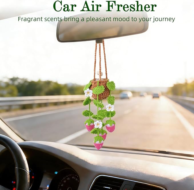 Crochet Car Air Freshener, 8ml Empty Refillable Oil Diffuser Bottle with Hanging Crochet Pink Strawberry Plant & Hanging Tools, Car Rearview Mirror Diffuser for Wall Art & Home & Office Decoration