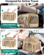 Cat Carrier Airline Approved 17x11x9.5 Inches, Top Expandable Soft Sided Pet Travel Carrier for Cats & Small Dogs, Fits Under Airline Seat with Locking Zippers, Brown