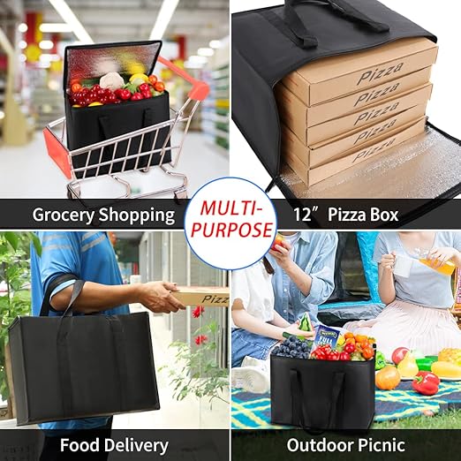 CIVJET Insulated Reusable Grocery Bags, 16W x 13H x 9D, X-Large Tote Bag for Shopping/Travel, Doordash Food Cooler/Hot Delivery Bag, Black, 2-Pack