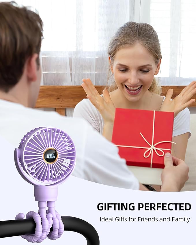 Portable Stroller Mini Fan, Small Rechargeable Personal Fan, Travel Essentials for Baby, Wagon, Car Seat, Treadmill, Battery Powered Biking Gear Accessories, 360° Rotation, 3-Speed, Display