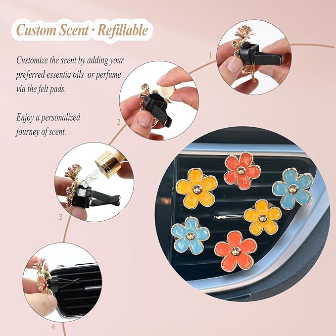 6pcs Car Air Freshener Vent Clips, Daisy Flower Air Diffuser - Blue, Orange, Yellow - Refillable 3.3cm/3cm Car Accessories for Women