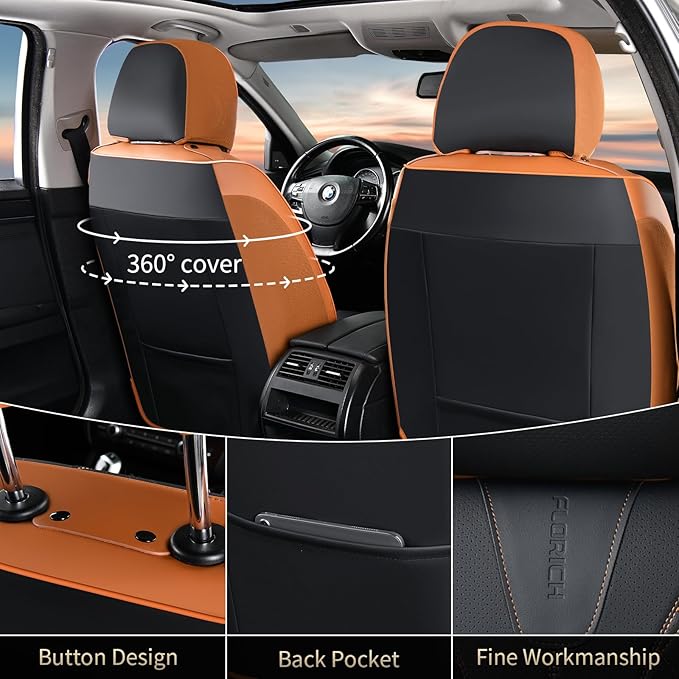 FLORICH Car Seat Covers Full Set Leather Automotive Seat Cover Waterproof 5 Seats Car Seat Protectors Luxury Front and Back Seat Cushions Universal Fit for Most Cars SUV Trucks, Brown&Black