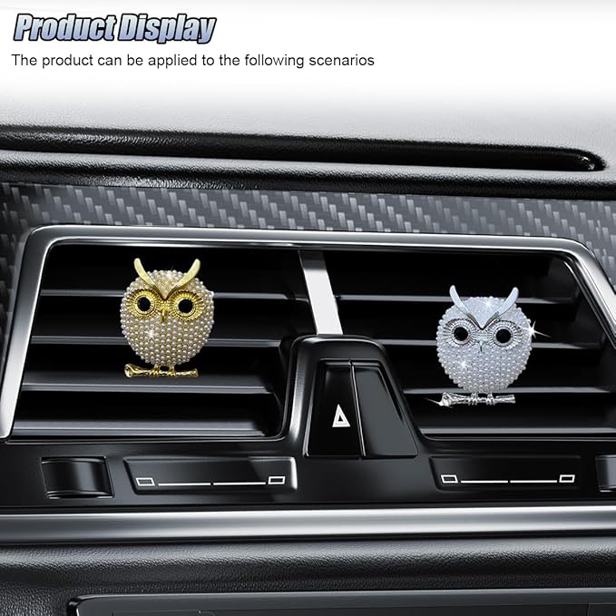 2PCS Bling Flamingo Car Dashboard Air Vent Trim Clips, Crystal Rhinestone Animal Car Air Fresheners Outlet Clip, Cute Automotive Interior Diffuser Decoration Accessories for Women (Owl)