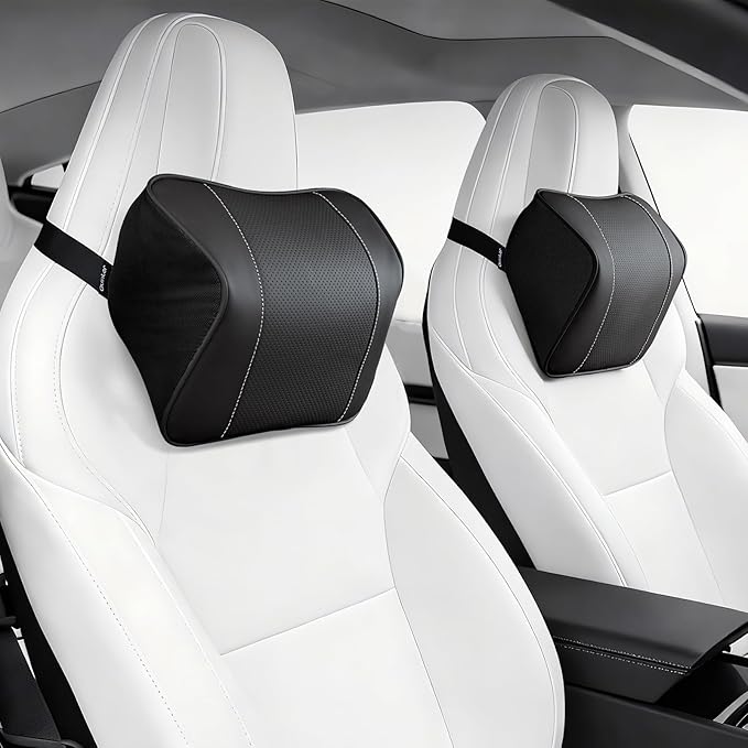 Quintor Genuine Leather Car Neck Pillow,Memory Foam Headrest Cushion, Ergonomic Cervical Support for Tesla Model 3/Y/X, Lexus, BMW- Breathable & All-Season Soft (2 PC)