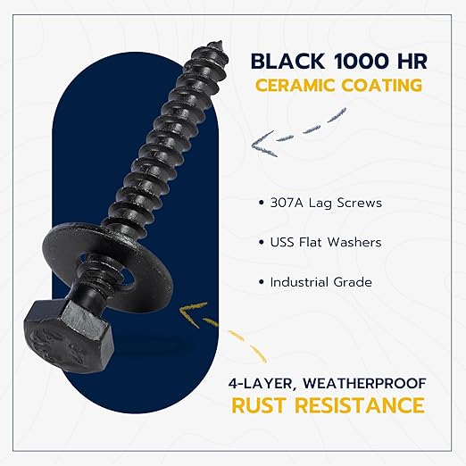 5/16 x 2 (50 Pack) Lag Screw Kit, 50 Screws and 50 Washers, Ceramic Black Ruspert Coating for Exterior Use, Meets ASTM A307 and ASME B18.2.1, Industrial/Commerical Grade by Makers Bolt