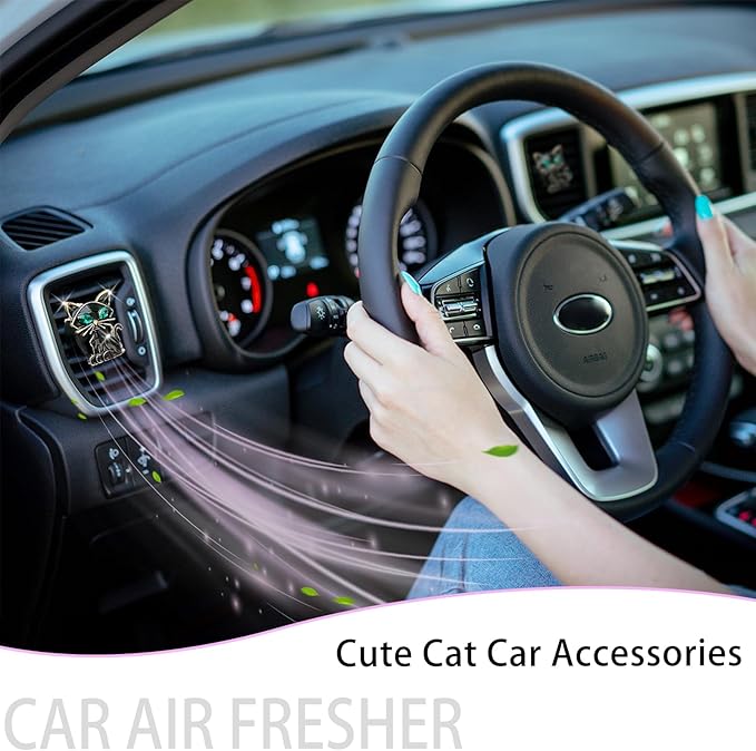 Cat Car Accessories 2pcs Black Cat Car Air Freshener Vent Clips Black Interior decoration for Women Teens Refillable Essential Oil Diffuser Bling Rhinestone