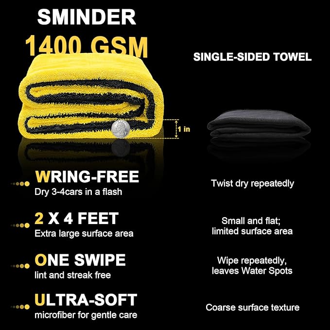 1400 GSM Car Drying Towels Car Detailing– XXL Microfiber Towels for Cars, Trucks(48" x 24"), Ultra-Absorbent, Streak-Free, Scratch-Free, No Water Spots, Double-Twist Pile & Edgeless Design