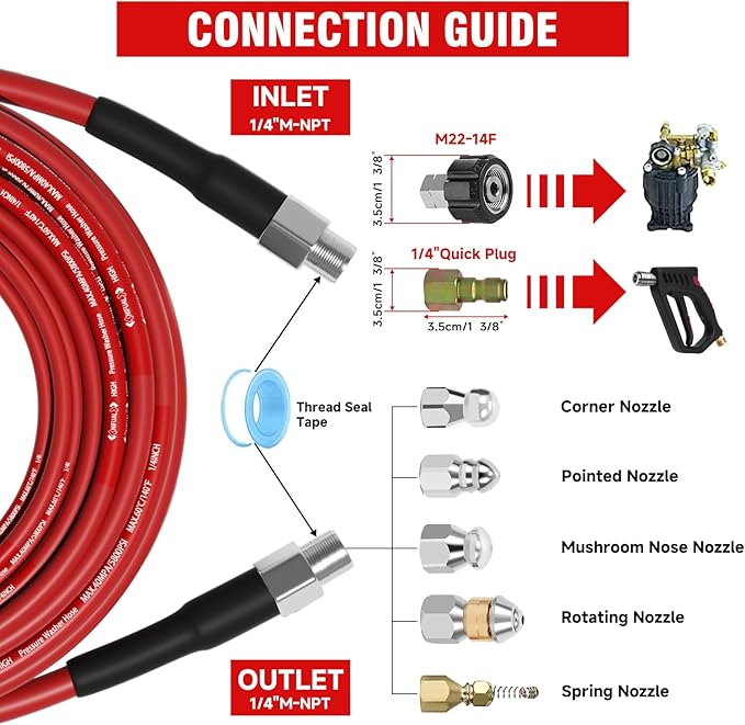 NIFUAL Sewer Jetter Kit for Pressure Washer,100FT 5800PSI Pressure Drain Cleaner 1/4 Inch NPT Corner Rotating and Button Hose Sewer Jetting Nozzle for Homeowners & DIYers