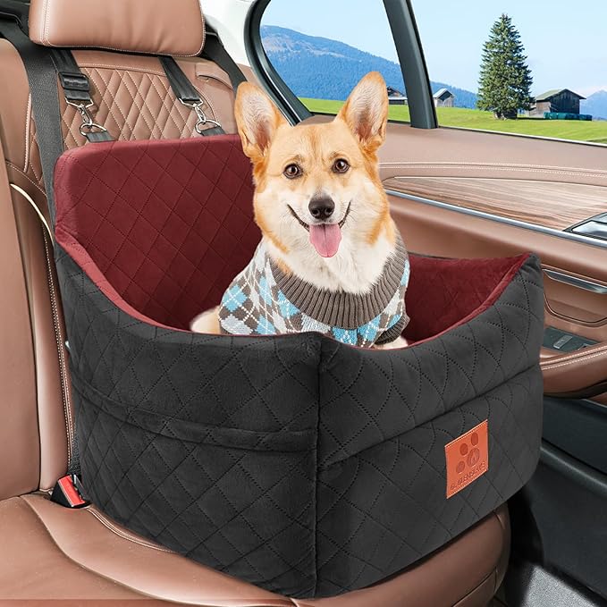 Dog Car Seat for Small/Medium Dogs, Dog Booster Car Seats with Thick Cushion for Dogs Under 35lbs, Detachable Washable Pet Carseat with Storage Pockets, 2 Safety Belts(Black/Red)