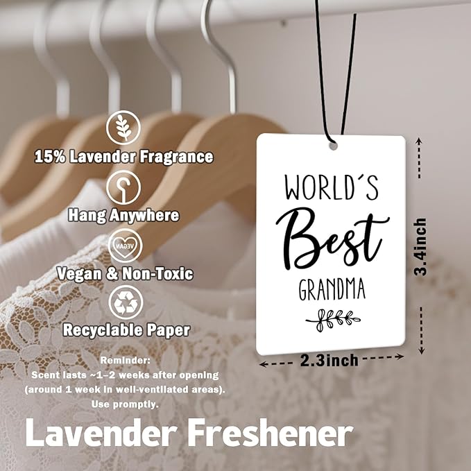 World's Best Grandma Gifts Car Air Freshener Hanging 3 Pack, Grandmother Christmas Car Accessories Gifts for Grandma Women Holiday, Rustic Scent Card Lavender for Closet Drawer Bathroom Decor