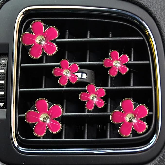 Daisy Air Vent Clips - 6 Pcs Cute Flower Car AC Outlet Clip, Freshener Clip Charm - interior Decor Charm (Rose Red)