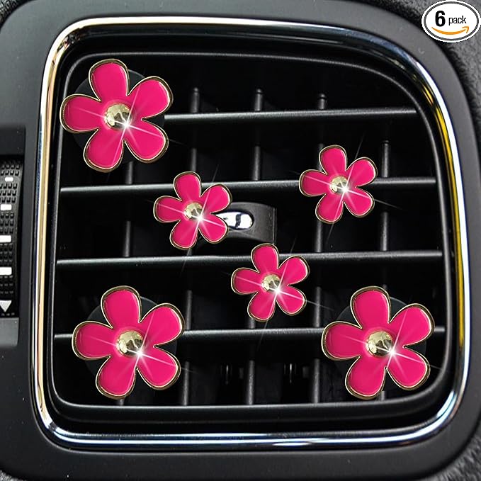 Daisy Air Vent Clips - 6 Pcs Cute Flower Car AC Outlet Clip, Freshener Clip Charm - interior Decor Charm (Rose Red)