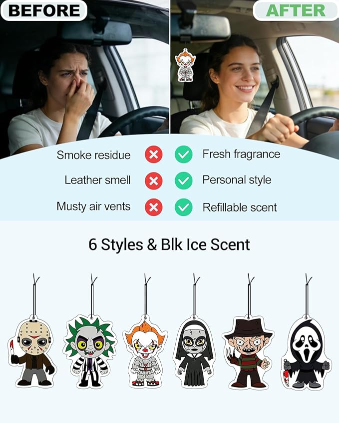 Car Air Freshener Hanging, 6Pcs Horror Figures Halloween Tree Decorations, Horror Movie Gifts, Halloween Air Freshener Car Decor, Scented Rearview Mirror Pendant, Halloween Gifts for Men Women