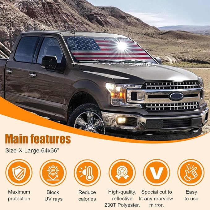 American Flag Car Windshield Sun Shade, Foldable Car Front Window Sunshade for Car SUV Truck, Auto Interior Sun Protection Cover, Blocks UV Rays & Keeps Your Vehicle Cool (USA Original Flag, X-Large)