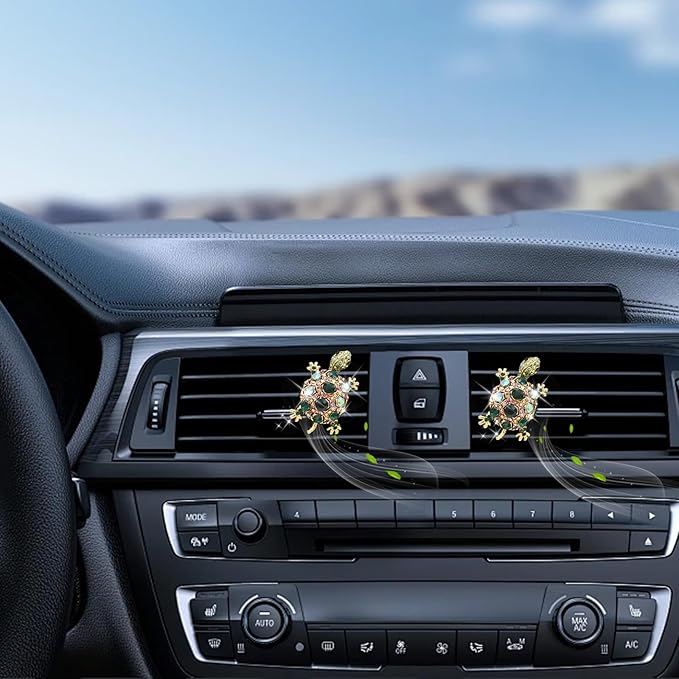 Green Sea Turtle Coastal Car Decor, 2pcs Turtle Car Air Freshener Vent Clips,Sparkling Beach Ocean Themed Dashbaord Decorations Accessories for Women,Rhinestone Refillable Diffuser