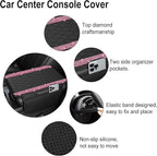 NBTEPEM Bling Car Center Console Cover, Leather Car Arm Rest Cover Cushion with 2 Storage Bags, Universal Automotive Armrest Protector Storage Box, Bling Accessories Interior for Most Vehicles (Pink)