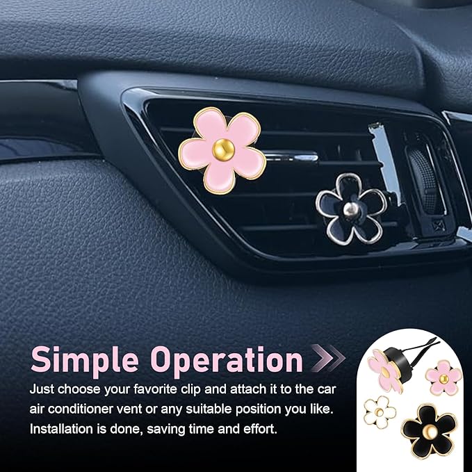 6PCS Car Air Vent Clips, Colorful Daisy Flower Air Conditioning Outlet Clip, Cute Car Clip Interior Air Vent Decoration, Universal Girly Cars Interior Accessory for Women (White Pink Black)