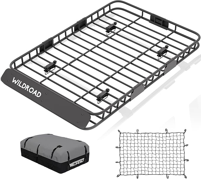 WILDROAD Car Roof Cargo Carrier Combo of Upgraded 64"x 39"x 4" Roof Rack Cargo Basket with 21 Cubic ft Ultra Waterproof Anti-Tear Fabric Cargo Carrier Bag and Super Duty Bungee Cargo Net