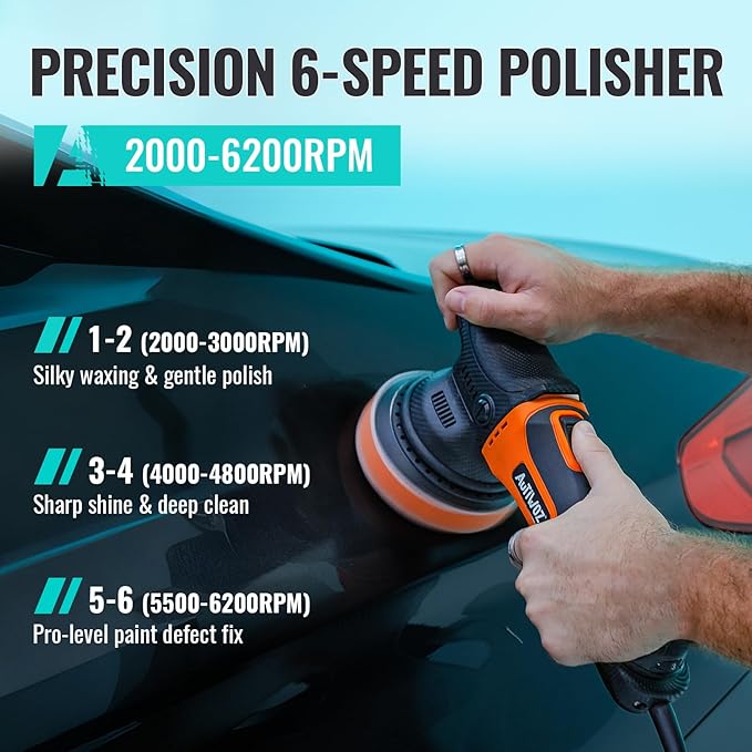 Car Buffer Polisher, 5 Inch Dual Action Polisher for Car Detailing, 9mm Random Orbital Car Polisher Buffer Kit, 6 Speeds 2000-6200RPM, 4 Buffing Pads for Car detailing, Polishing, Waxing, W01