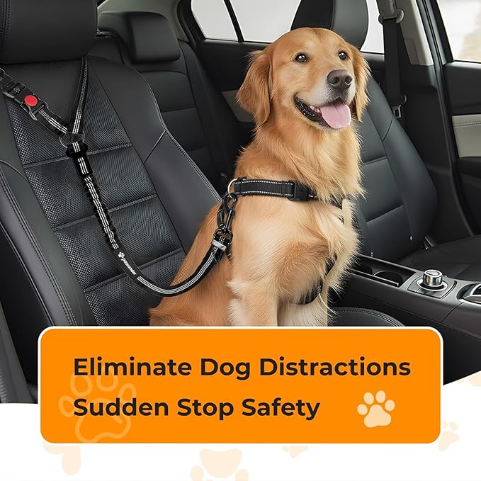 Dog Seat Belt for Car Headrest or Seatbelt Clip, Adjustable Reflective Dog Leash with Elastic Bungee Buffer, Nylon Safety Seatbelt Harness for Medium & Large Dogs (Black)