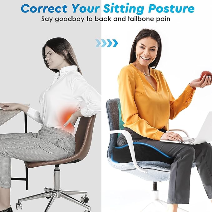 Seat Cushion, Gel Chair Cushions, Office Chair Cushions, Anti-Slip Bottom & Removable Cover Tailbone Pain Relief Cushion, Memory Foam Seat Cushion, 5.28 in Thick (Black)