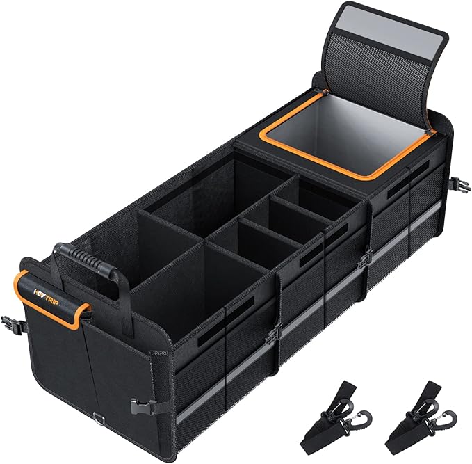 HEYTRIP Large Trunk Organizer With Built-in Leakproof Cooler Bag, 2 Tie-Down Straps, 4 Removable Dividers, Foldable Cover, Built with 2mm PE Board