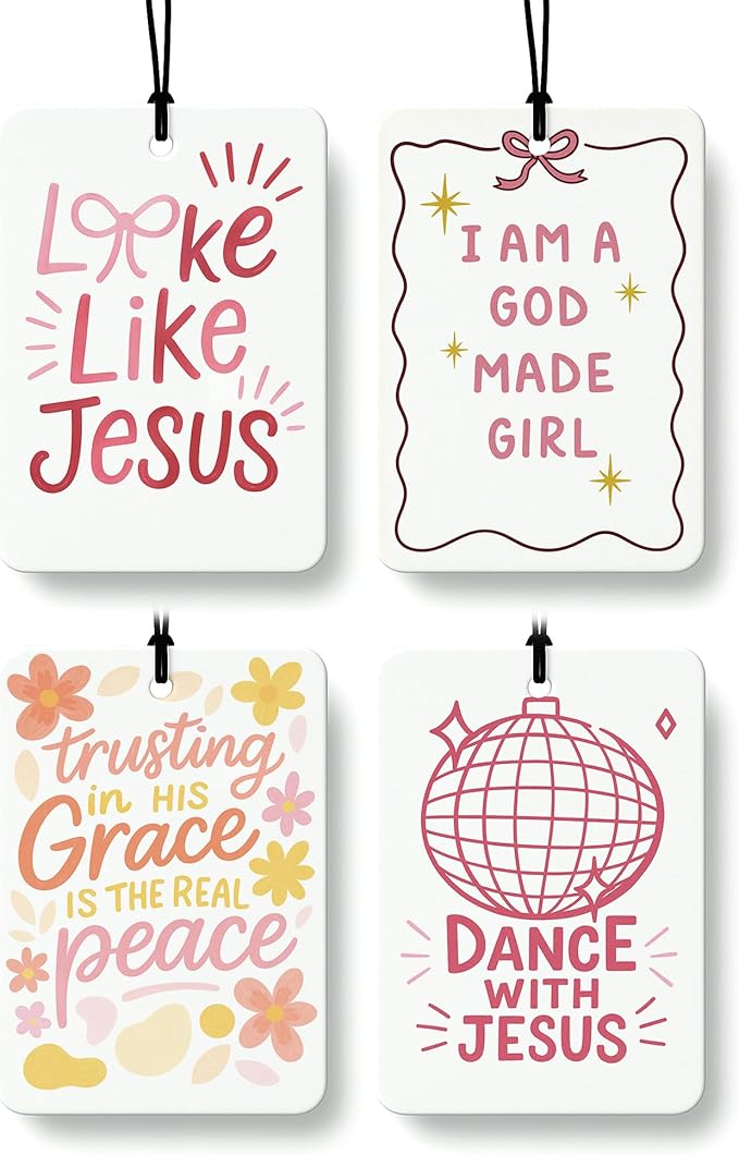 Pastel Christian Car Air Freshener 4 Pcs Coconut Scented, Faith Based Girly Car Accessories Mirror Decor for Women, Religious Bible Verse Hanging Air Freshener for Cars Closet Drawer Books