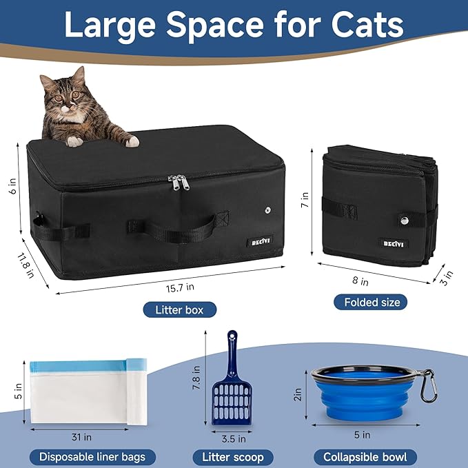 Portable Cat Travel Litter Box with Lid and 10 Pcs Disposable Liner Bags, Leak-Proof & Collapsible, Easy Clean Odor-Control Cat Travel Essentials for Car, Hotel, Airplane, Camping,Trips Black