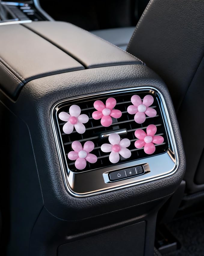 Pink Flower Air Freshener Vent Clips Pink Car Accessories, 6Pcs 3D Pinky Daisy Air Vent Clips for Fresheners Car Decoration, Fashion Flower Airs Freshener Vents Clip for Women Gifts