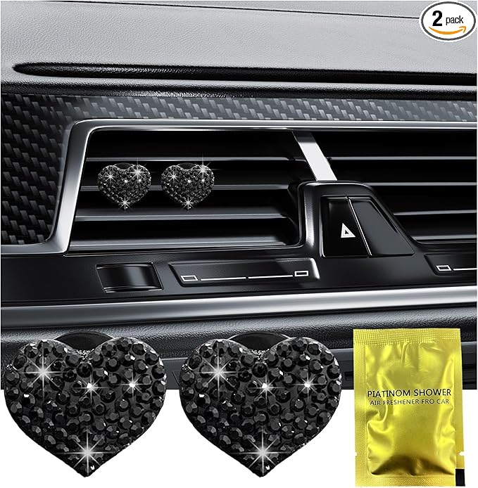 Ziciner 2PCS Bling Heart Car Air Vent Clips Charms, Heart Shaped Crystal Car Air Freshener Vent Clips, Rhinestone Air Conditioning Outlet Clip, Vehicle Decor Accessories for Women Girls (Black)