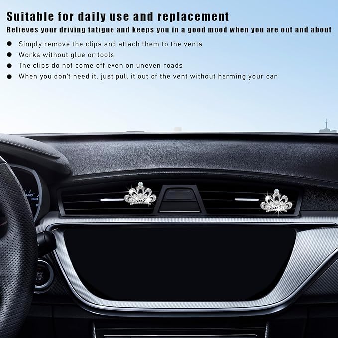 Augeny 2PCS Bling Car Air Vent Clips, Crystal Rhinestone Crown Air Freshener Outlet Diffuser Clip, Auto Air Conditioning Clip Charm for Women Girls, Interior Decor Car Accessories (White)