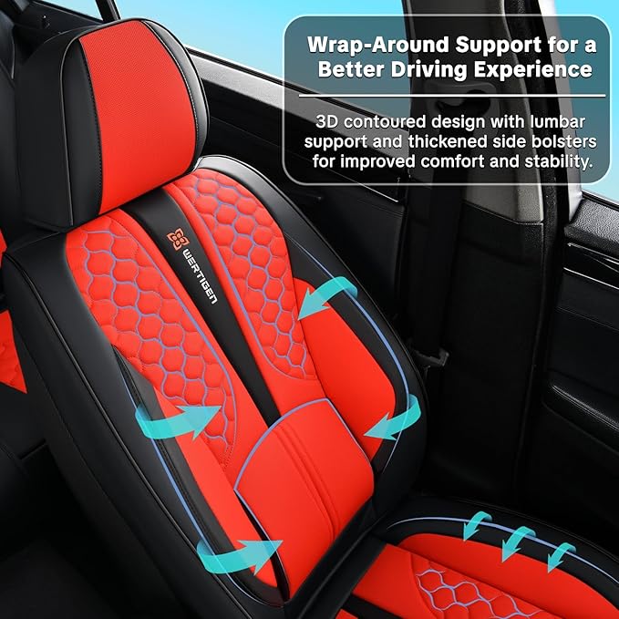 Car Seat Cover Set, Red Automotive Interior Accessories, Universal Fit, with Lumbar Support, Premium Nappa Leather, Waterproof, Non-Slip, Easy Installation, Fits SUVs, Pickups, Sedans