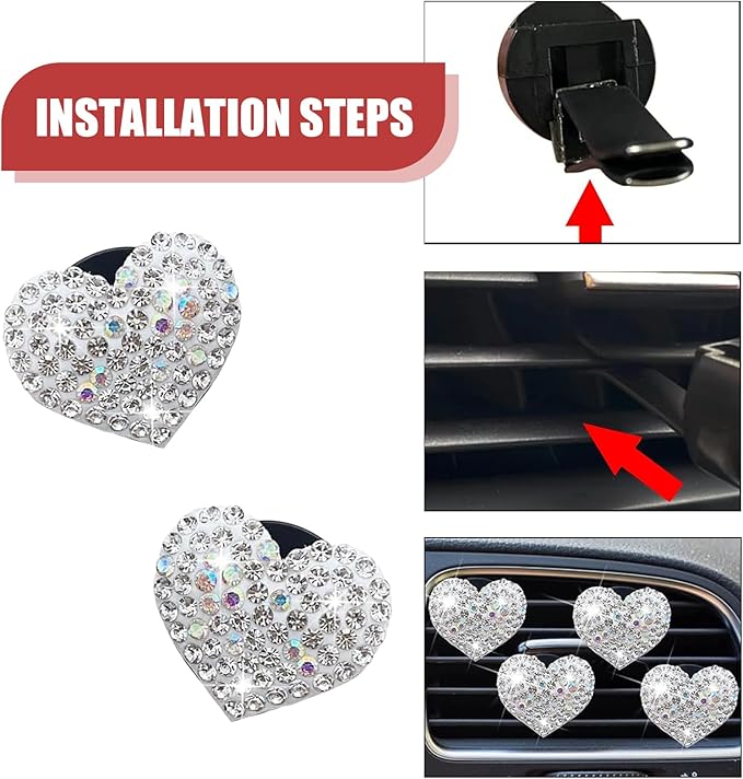 4PCS Bling Heart Air Vent Clips, Car Air Fresheners Vents Clips, Crystal Rhinestone Air Conditioning Outlet Clip, Cute Car Accessories for Women (White)