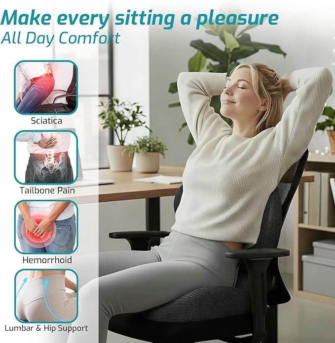 Memory Foam Seat Cushion with Lumbar Support Pillow,Office Chair Cushion,Ergonomic Car Seat Cushion,Designed for Tailbone,Sciatica, Lower Back Pain Relief,for Office,Car,Truck,Desk Chair