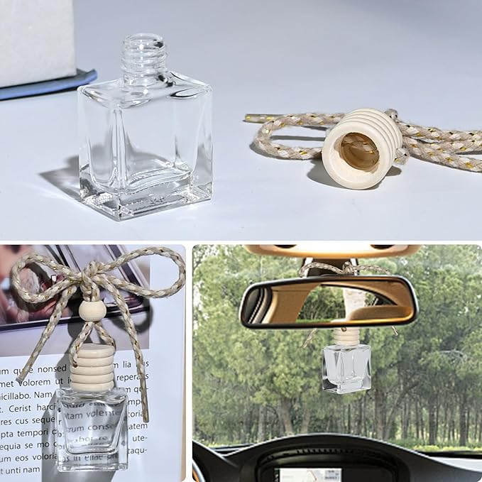 10PCS Flat Square Car 10ML Perfume Empty Bottles with Gold Wire Rope Flat Square Empty Bottles-Car Diffusers for Essential Oils-Essential Oil Car Freshener-Hanging Car Air Freshener