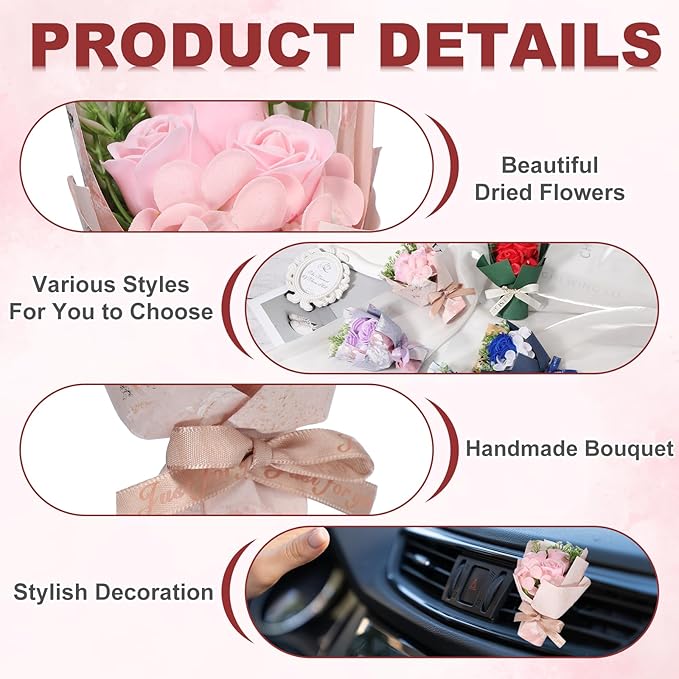 uxcell Pink Small Bouquet Car Air Freshener Vent Clips, Mini Decorative Rose Bouquet with Fragrance Diffuser for Women, Automotive Air Freshener Decoration, Style 1